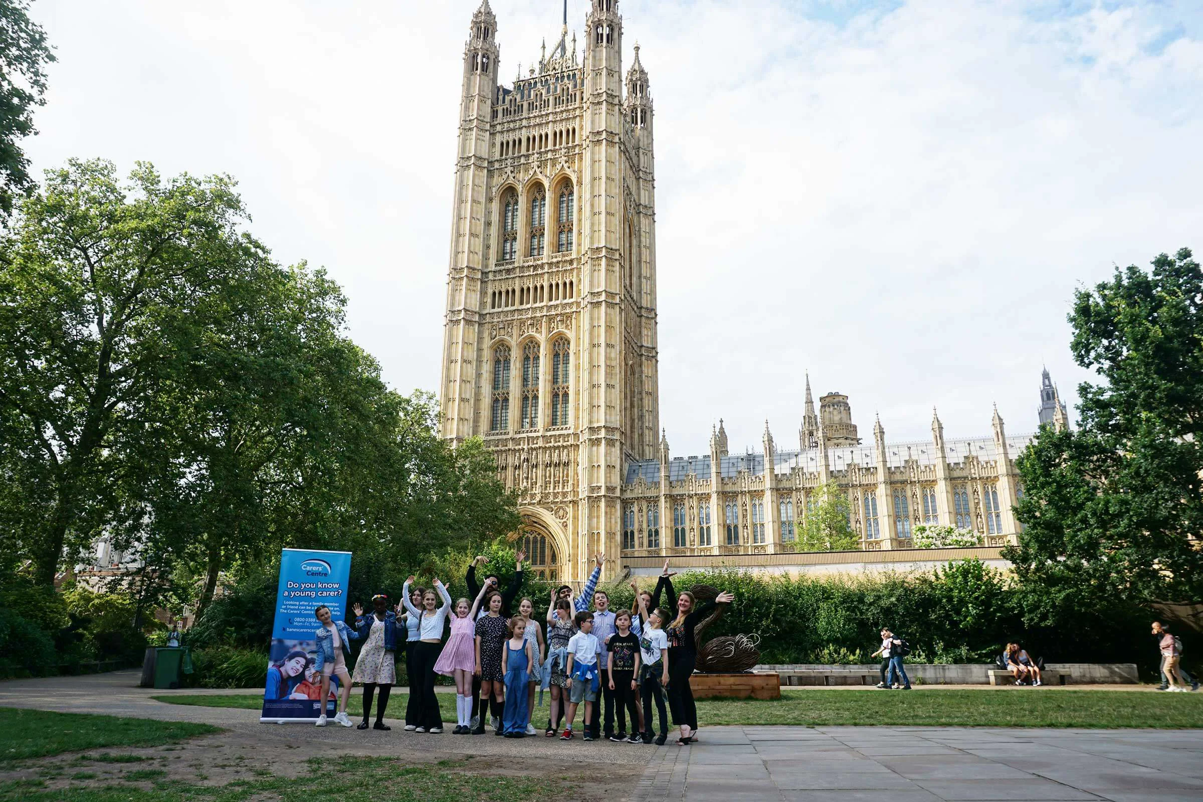 Group photo of young carers outside the House of Commons