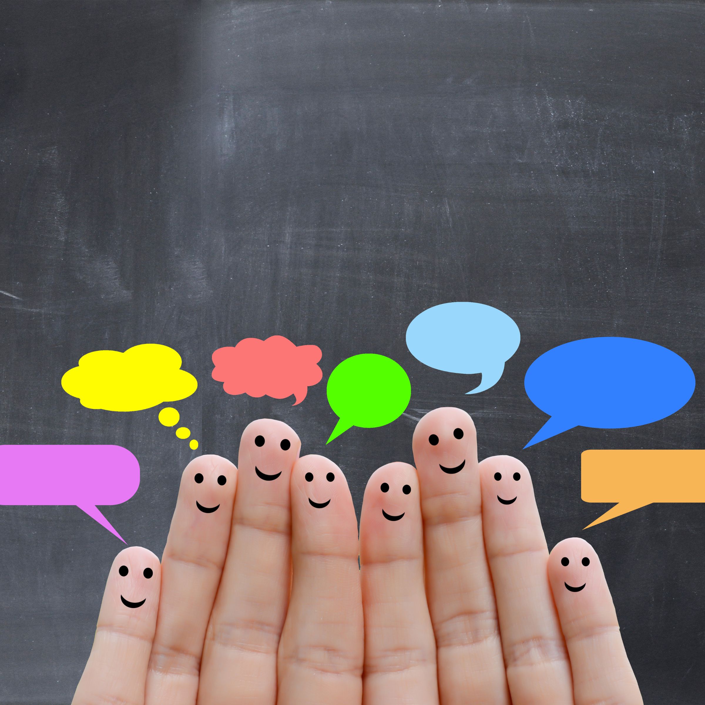 Image of fingers with smiley faces and coloured speech bubbles coming out of the top