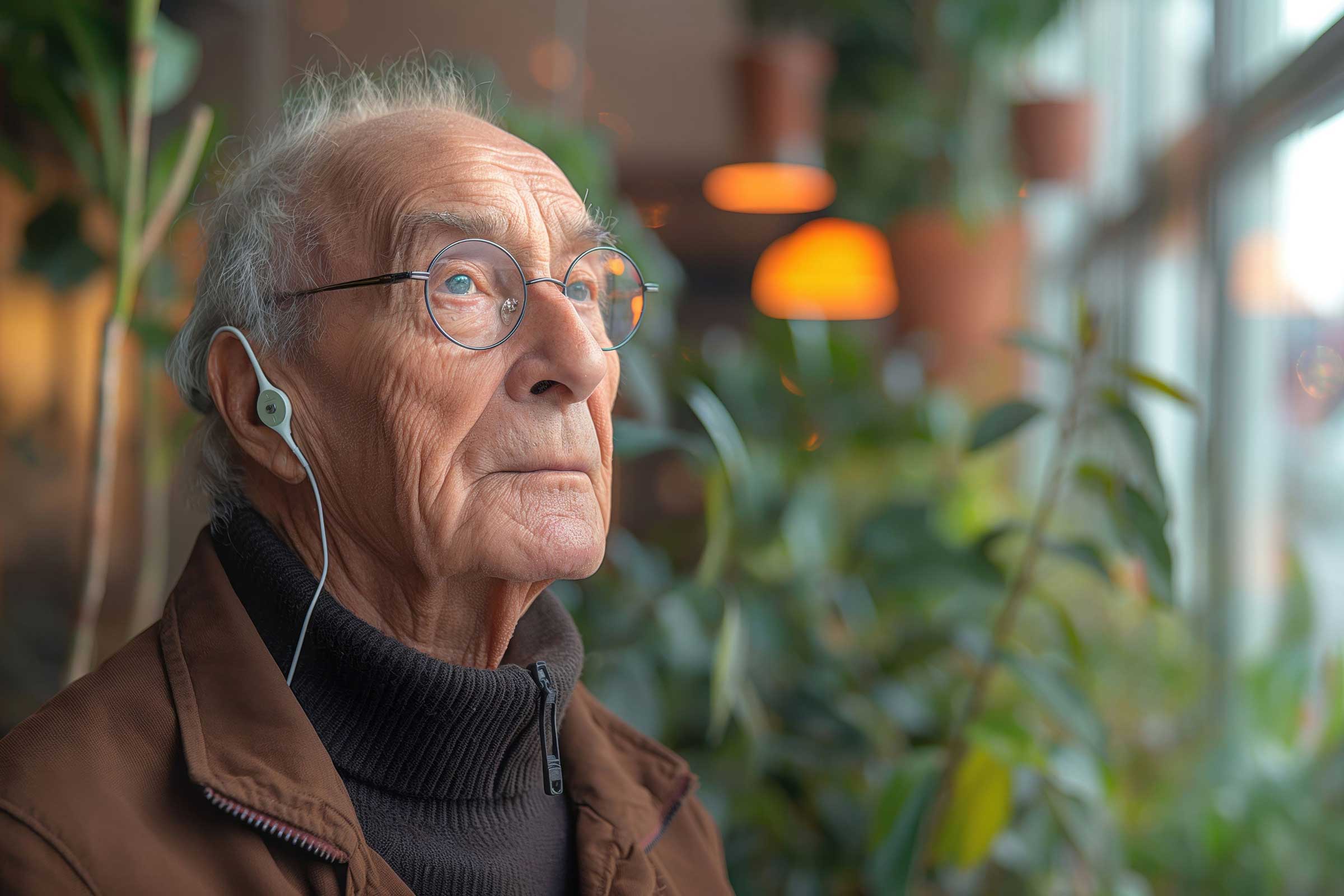 Old man with headphones on looking into the distance