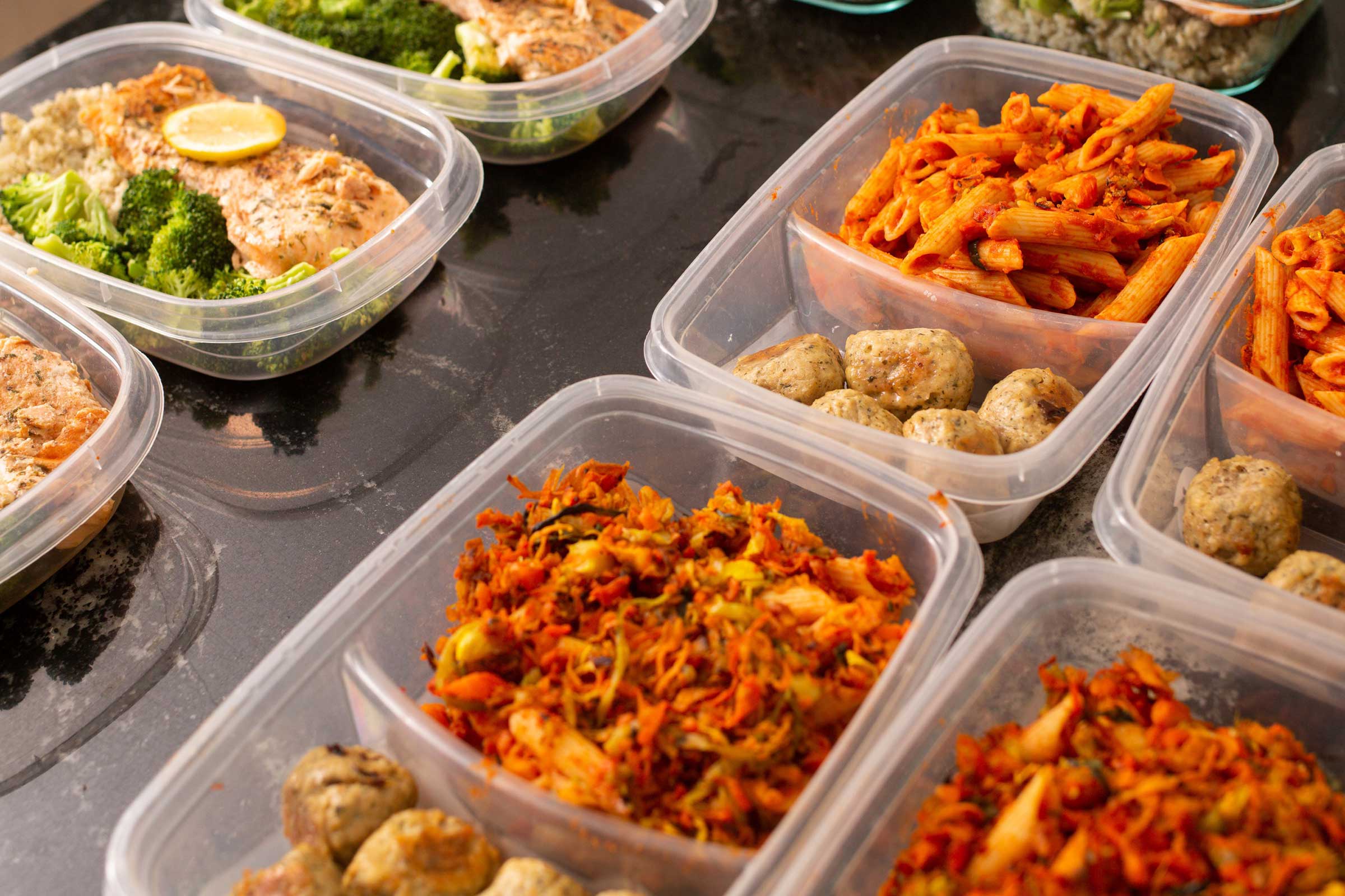 Mulitple trays of the same food laid out