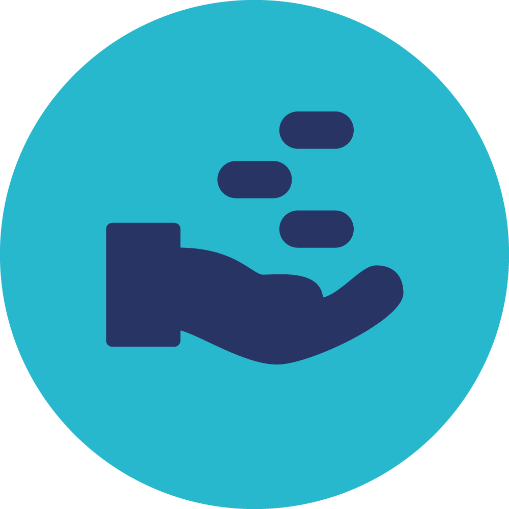 Icon of a hand out and coins coming down into the hand